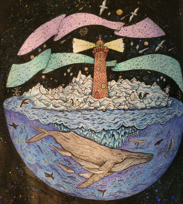 Coloring Book page of a whale and light house