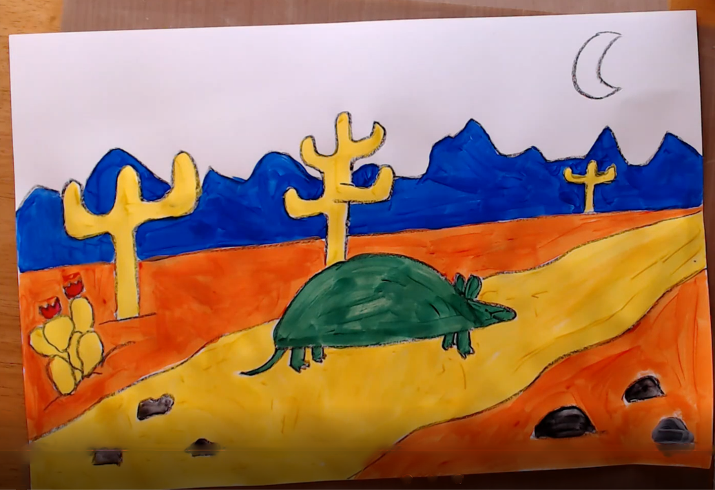 Underpainting of armadillo in the desert