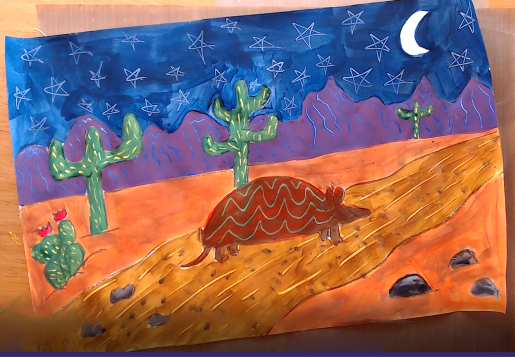 Painting of armadillo in the desert