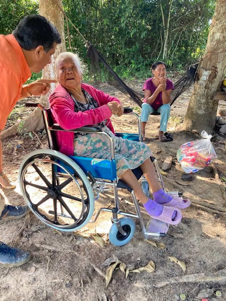 Elderly lady in her new wheelchair.